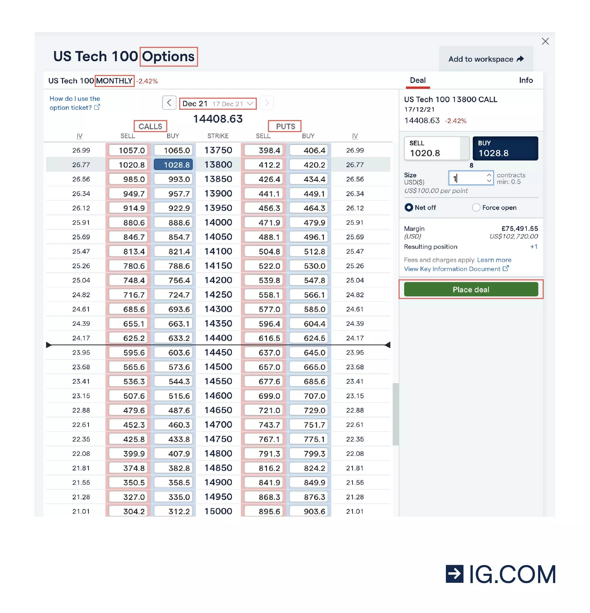 US Tech 100 options screenshot